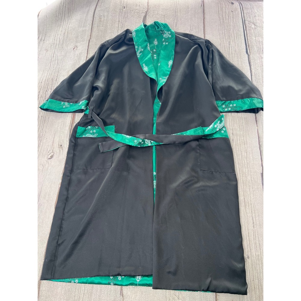 Mens Silky Kimono Robe Dragon Lantern Print Teal Black Short Sleeve‎ Reversable - Picture 6 of 9